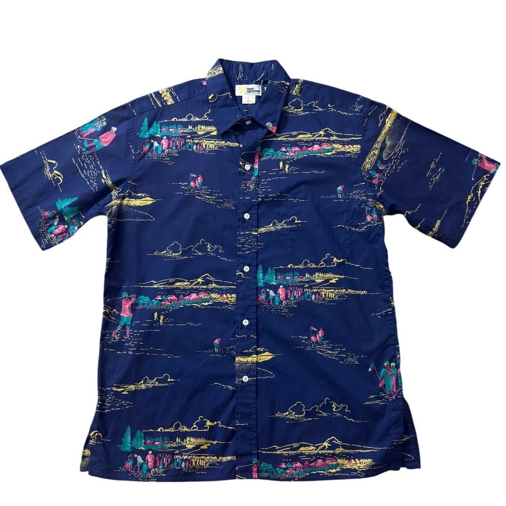 Reyn Spooner Mens Large Navy Blue Golf Scene Hawaiian Cotton Shirt Rare VTG
